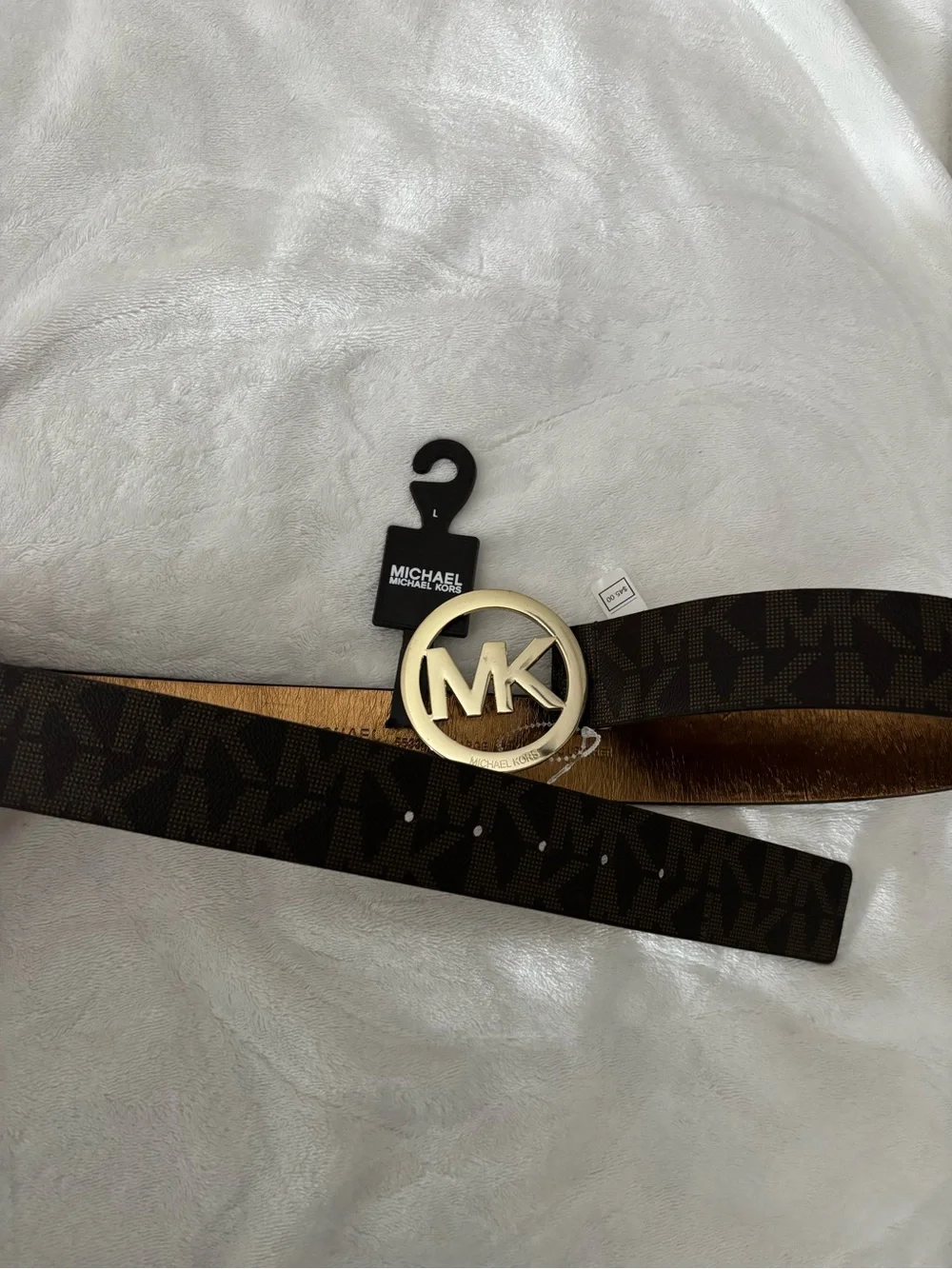 Michael Kors Brown Logo Strap Belt with Gold MK Circle Buckle